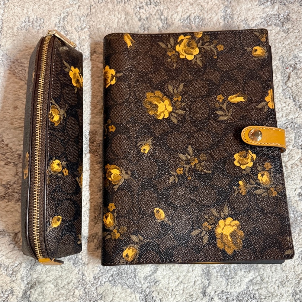 Coach Brown Floral Notebook & Pencil Case with Yellow Accents